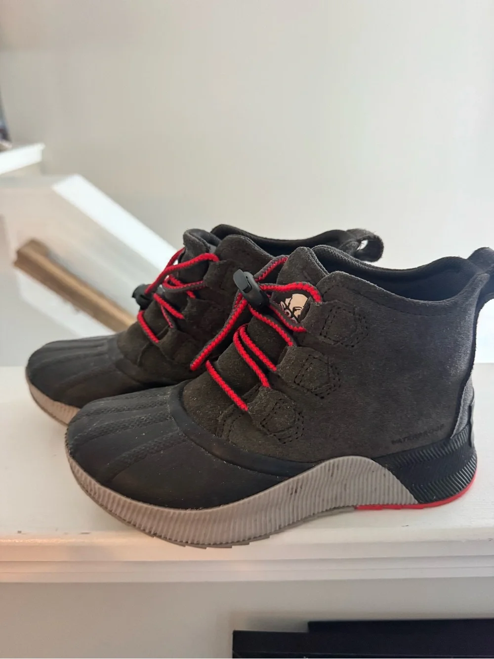 Sorel Kids Dark Gray Suede Rain Boots with Red Laces